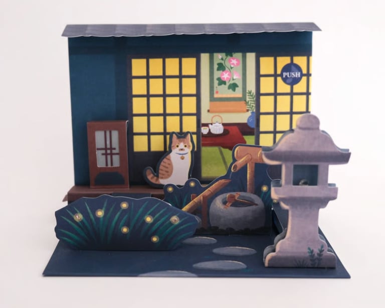 A 3D Japanese pop-up card featuring a calico cat in a traditional garden with a stone lantern and shoji screen.