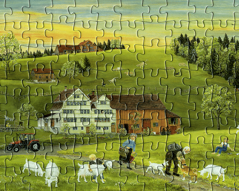a puzzle piece puzzle piece with a farm scene