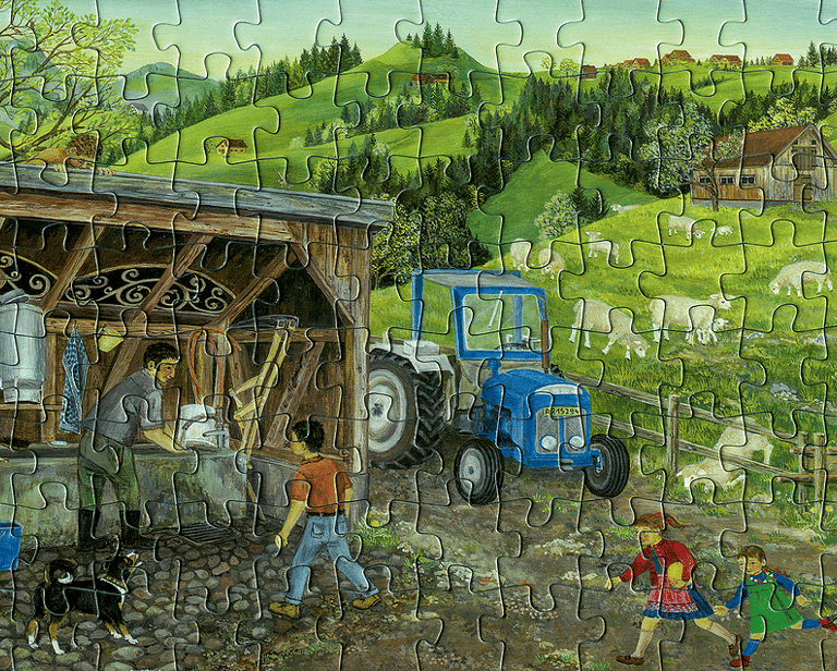 a puzzle piece puzzle piece with a picture of a farm scene