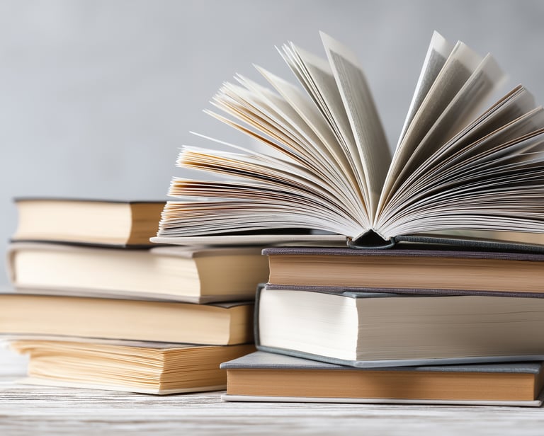 a stack of books with a book open on top of them