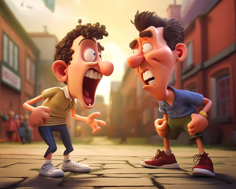 Dois homens discutindo com raiva em uma rua, simbolizando o impacto da consciência na comunidade.