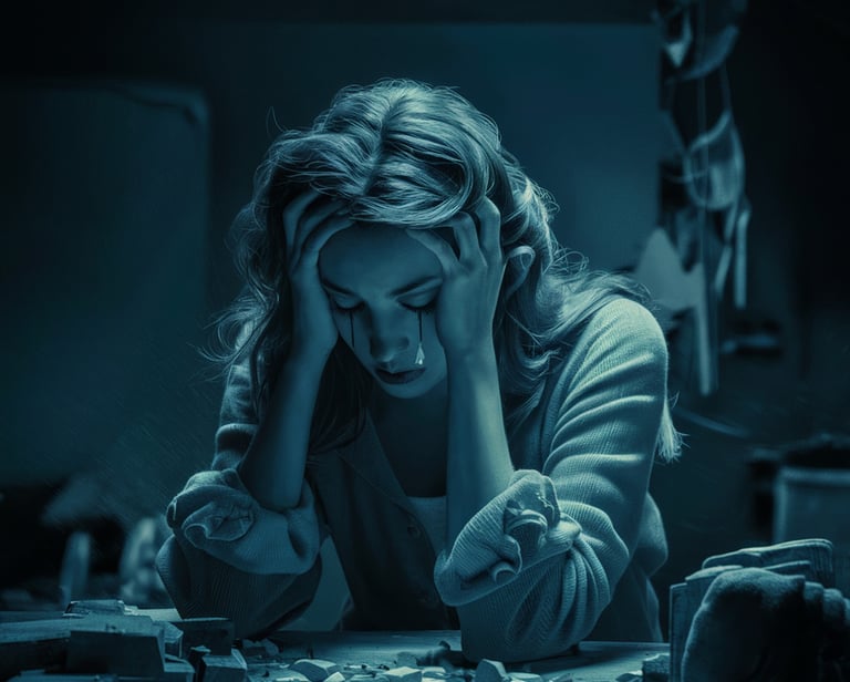 Mulher chorando com vários remédios na mesa, simbolizando depressão e ansiedade.