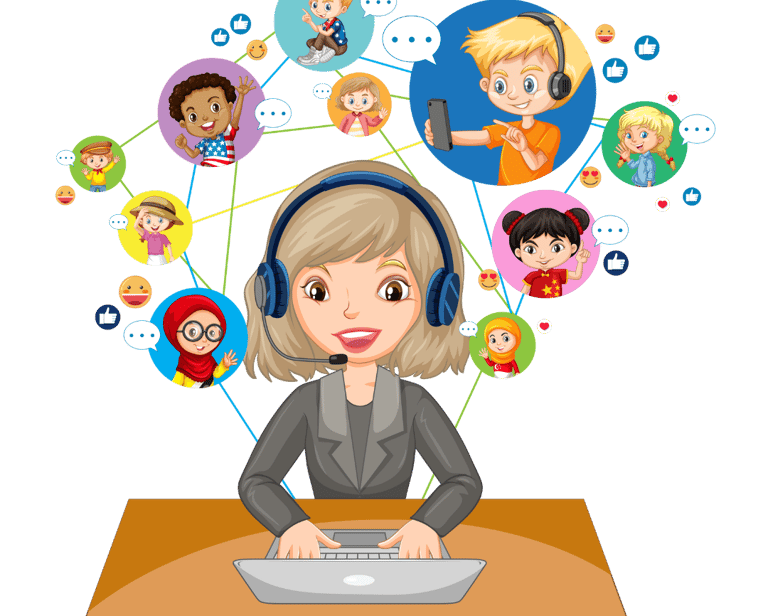 Mulher com headset e laptop, simbolizando ensino a distância e inclusão educacional.