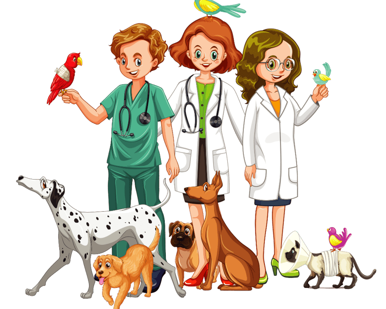 Veterinários cercados por cães, gatos, papagaios e passarinhos, simbolizando o cuidado com os bichos