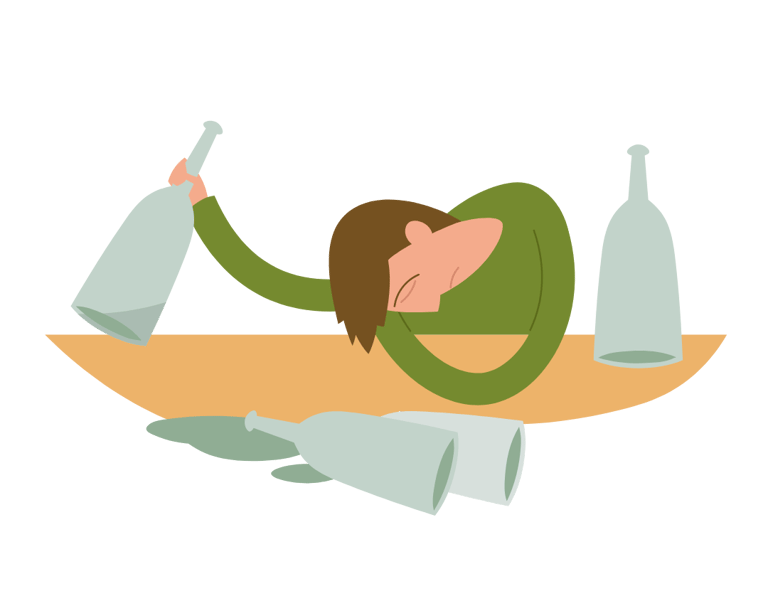 Pessoa embriagada com garrafas vazias na mesa, simbolizando os efeitos do álcool.