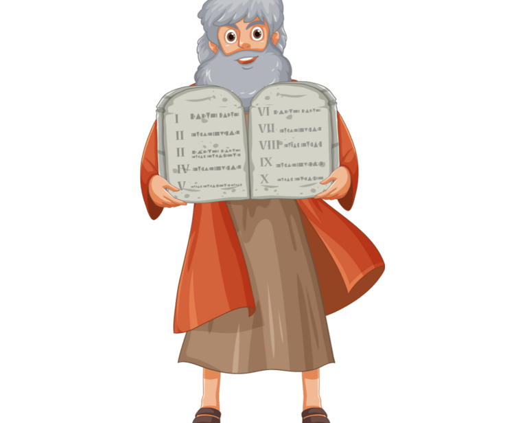 Homem com barba segurando um grande livro, simbolizando Moisés e os Dez Mandamentos.