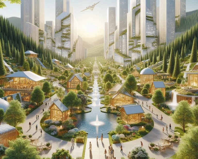 Cidade moderna e futurística com tecnologia e natureza, representando a Comunidade Modelo.