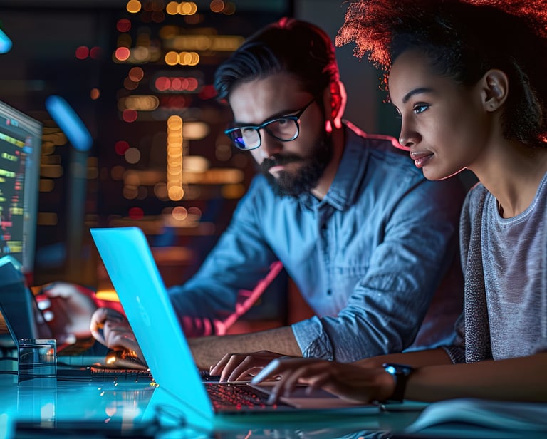 Homem e mulher trabalhando em um laptop, simbolizando desenvolvimento de tecnologias para projetos."