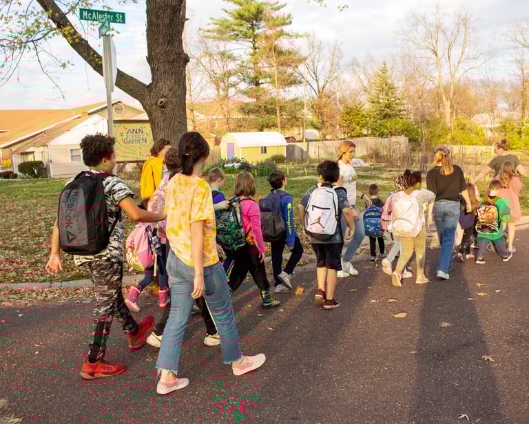Group of our Benton Elementary students walking to our facilities in a line.