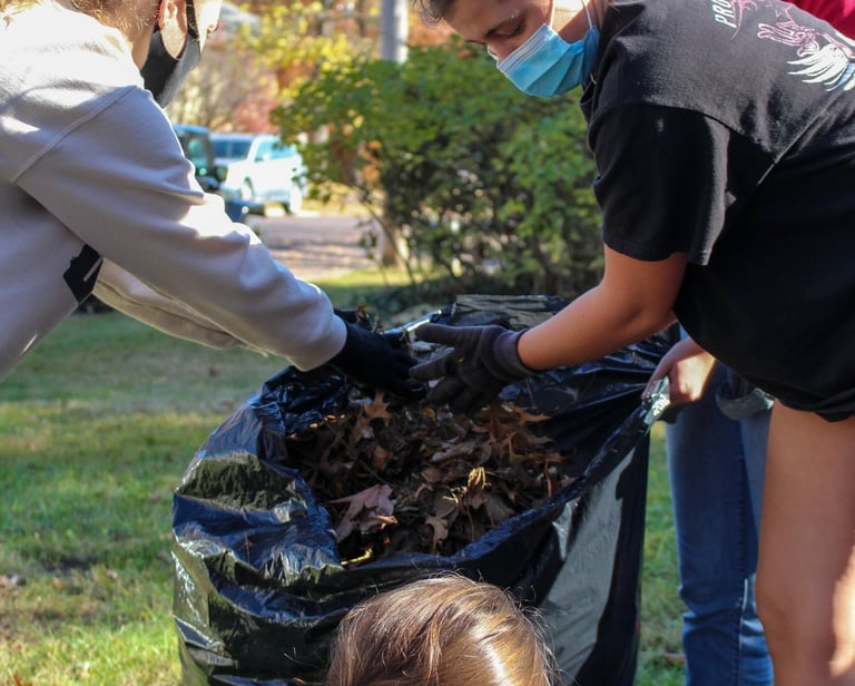 Group of young adult volunteers bagging leaves.