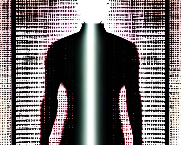 a man standing in front of a large screen with a light shining in the background