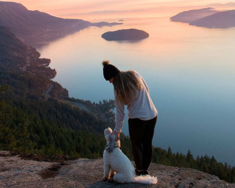 Nainen ja koira katsovat yhdessä upeaa maisemaa kalliolta, symboloiden syvää natural awareness :ia