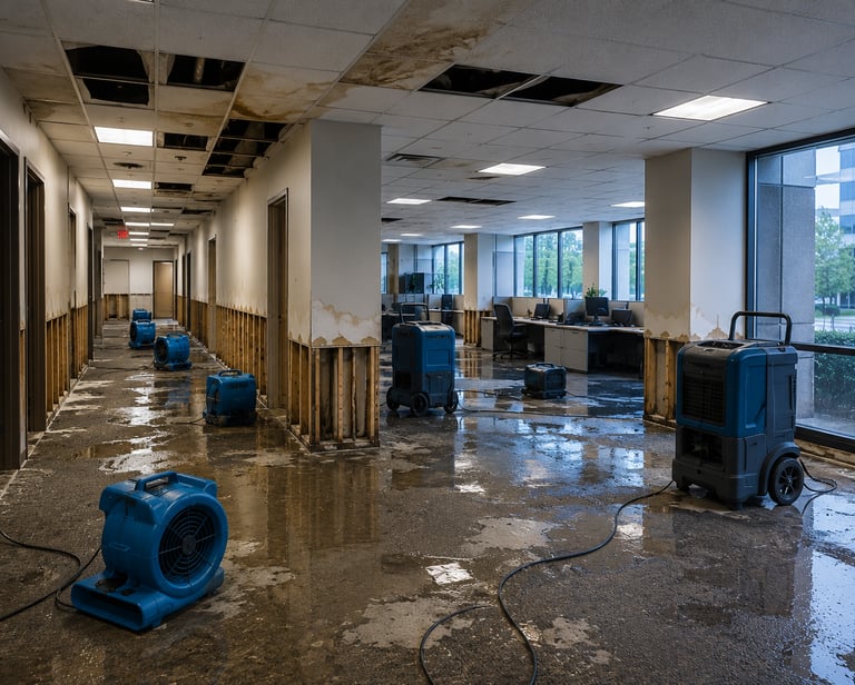 Commercial office building water damage restoration with structural drying equipment and flood clean