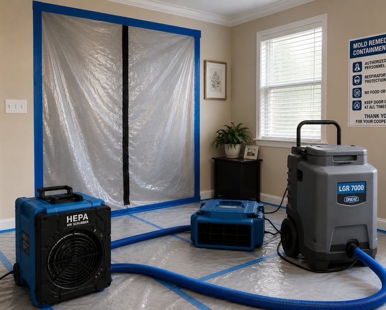 Professional mold containment area with HEPA filtration equipment