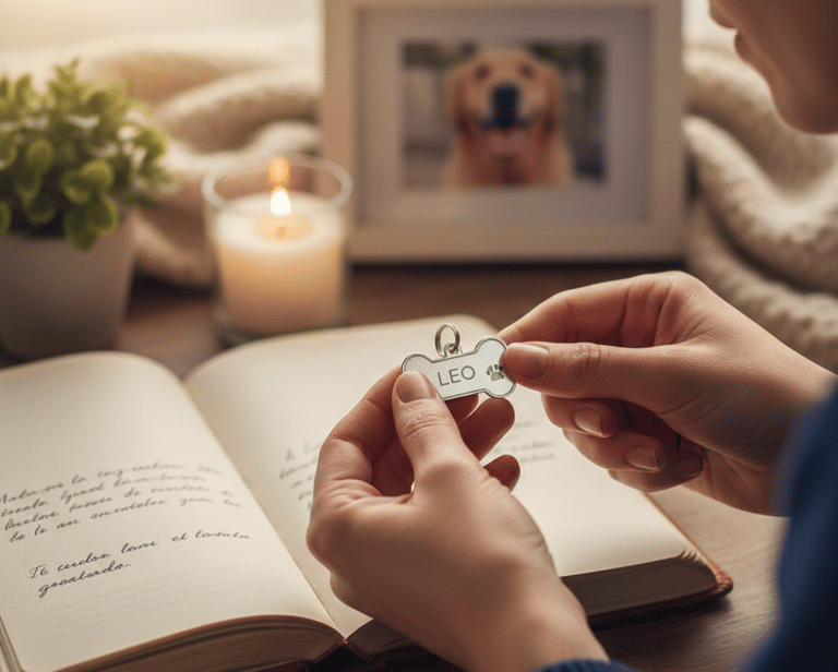 Persona sosteniendo medalla de perro junto a un diario y una vela, terapia de duelo animal Amara