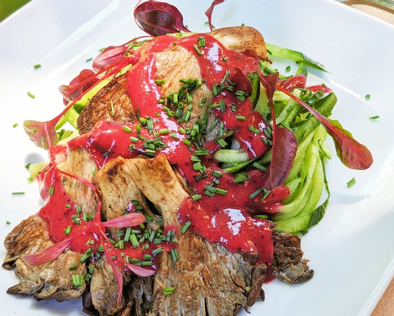 Five-Spice Oyster Mushroom on Cucumber noodles. Portland personal chef gluten-free vegan meal prep