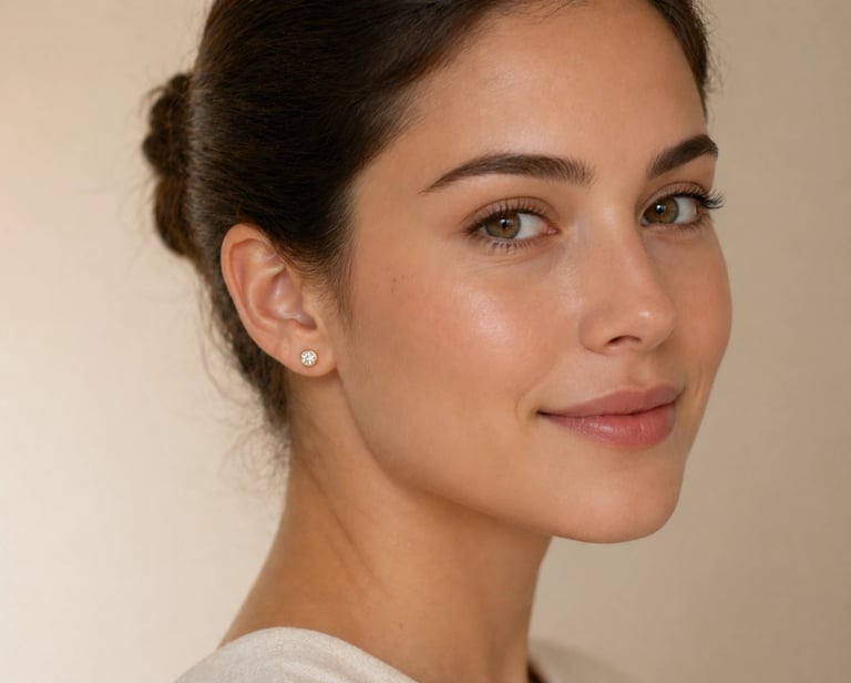 Woman wearing small gold stud earrings with clean and minimal professional styling