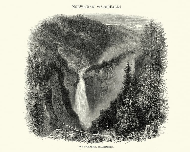 a pen and ink drawing of a mountain waterfall