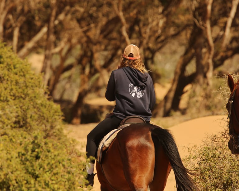 une femme guide montant un cheval dans des dunes et la forêt