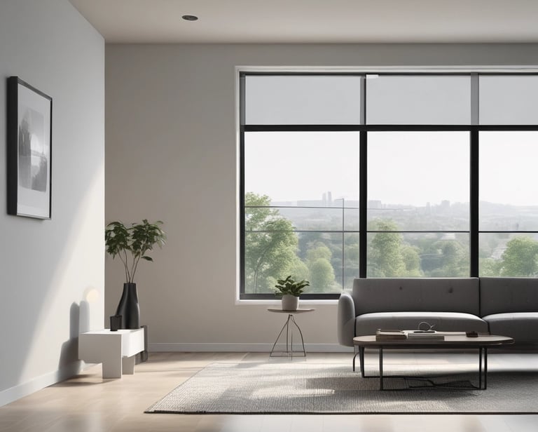 Modern minimalist living room with a grey sofa, large window, and natural wood floors.