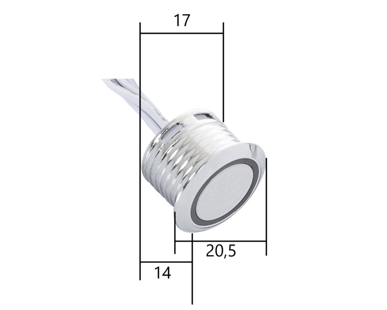 Mini interruptor táctil empotrable: diámetro frontal 20.5 mm y corte de 17 mm.