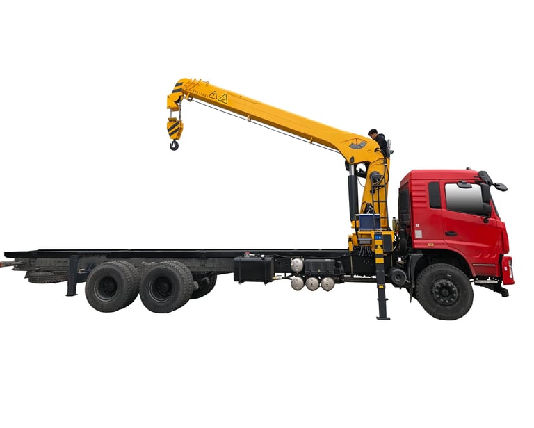 A red cab crane truck with a telescopic loader crane.