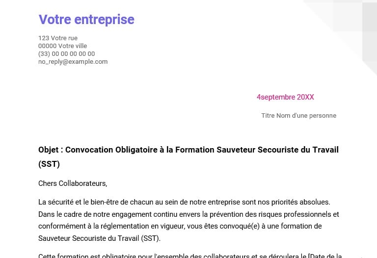 Modele de convocation pour une formation obligatoire SST