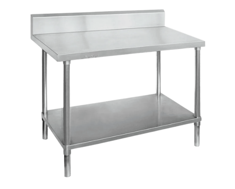 Commercial prep table made from heavy duty stainless steel featuring a rear splashback and solid under shelf.