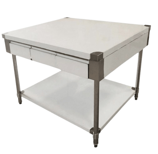 Solid work table made from heavy duty stainless steel with a built-in drawer and storage shelf.