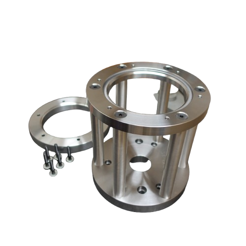Precision CNC machined stainless steel cylindrical housing assembly with mounting screws.