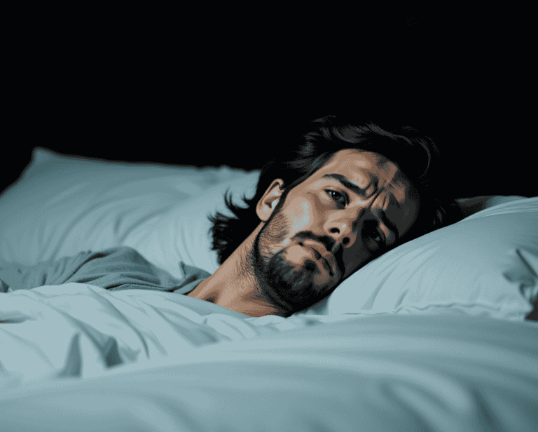 Man struggling to get to sleep
