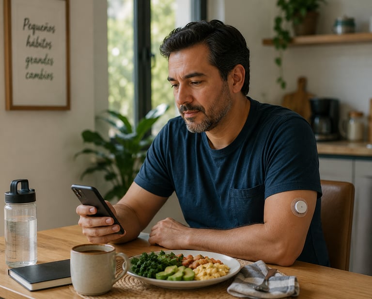 Hombre que vive con Diabetes desayunando de froma balanceada