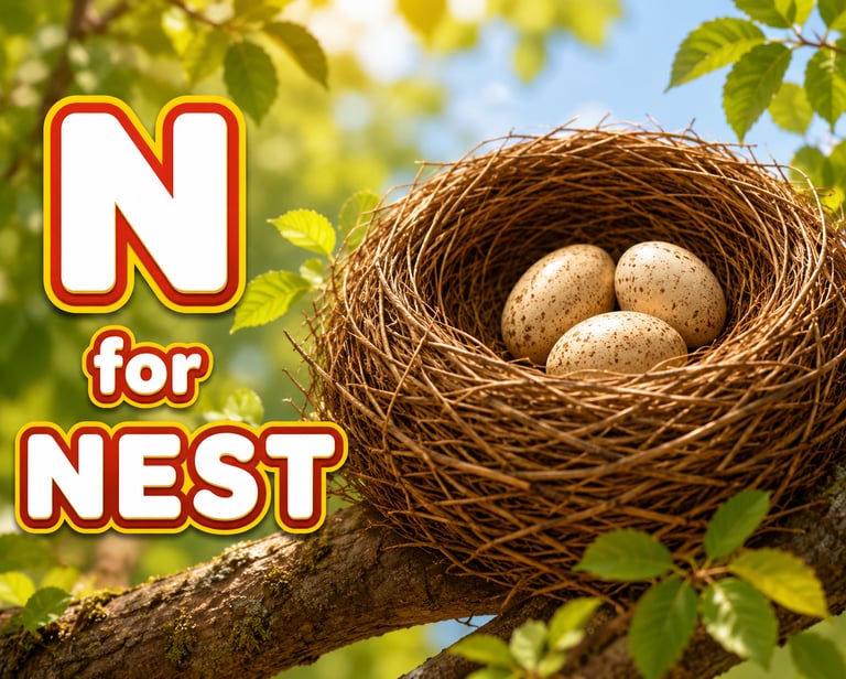 Educational alphabet graphic showing the letter N for Nest with bird eggs in a twig nest on a tree branch.