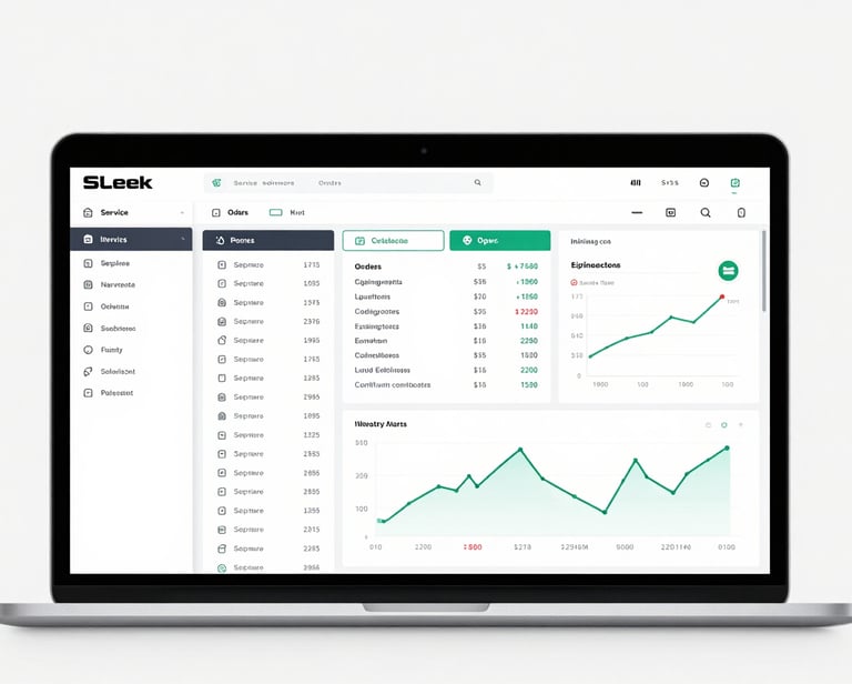 Sleek software dashboard displaying service orders, inventory alerts, and financial charts, clean white background, professional UI design.