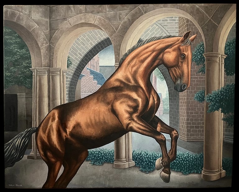 An oil painting of a horse in a courtyard with brick arches in the background