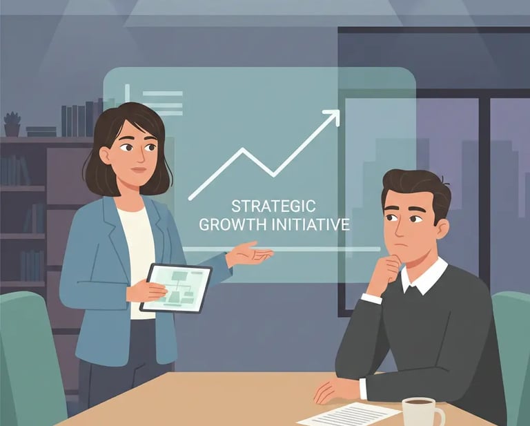 Animated image of a founder and VC investor engaged in a quiet, focused discussion across a boardroo