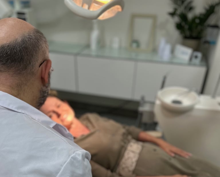 a man in a dentist's chair in a dental room