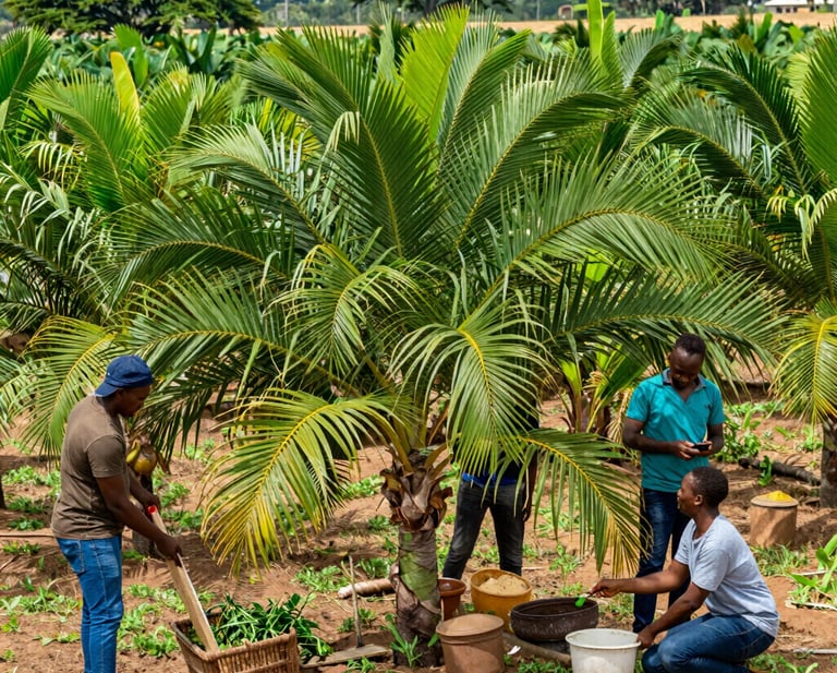 A vibrant African farm landscape showing rich soil, growing crops, and farmers working under a bright sky.