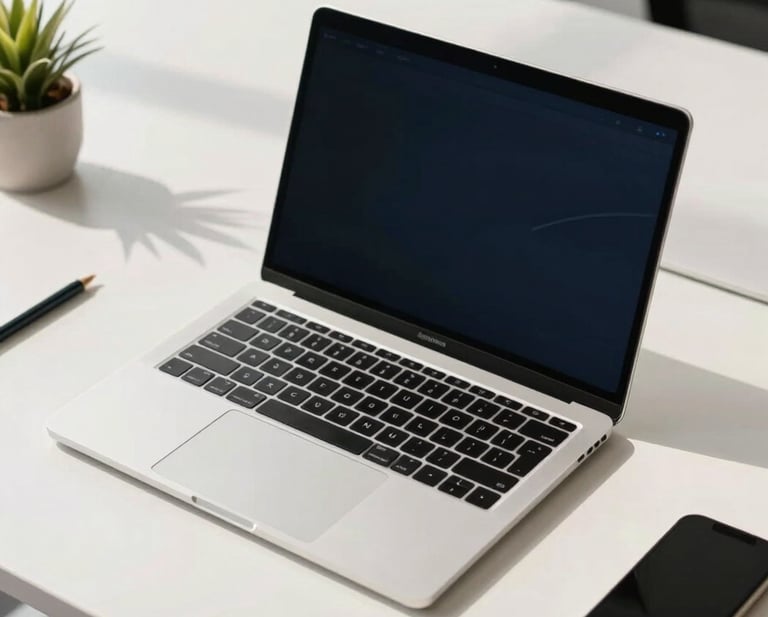 A high-angle photography shot of a sleek, modern workstation in a bright North American / US office. A high-end laptop is open on a white desk, surrounded by minimalist office decor. The scene is bathed in natural light, with soft shadows and a professional atmosphere featuring soft off-white and deep steel blue accents.