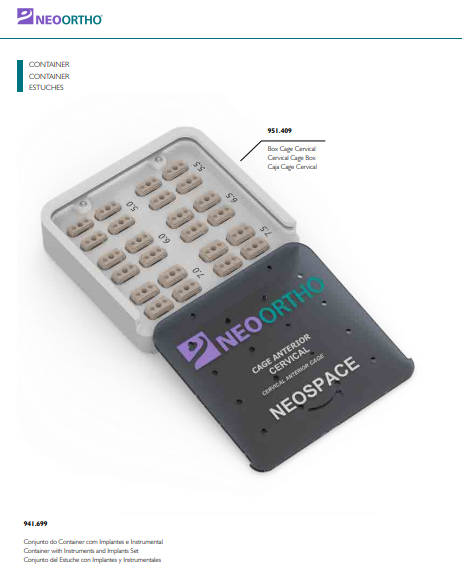 NeoOrtho Neospace cervical anterior cage surgical implant set in a labeled sterilization container.