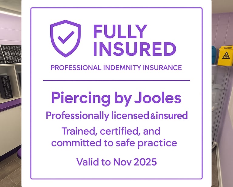 Professional indemnity insurance certificate for Piercing by Jooles Montrose, showing fully insured 