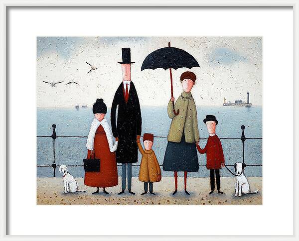 Lowry style family seaside print      British weather humor art decor      Quirky figurative print w