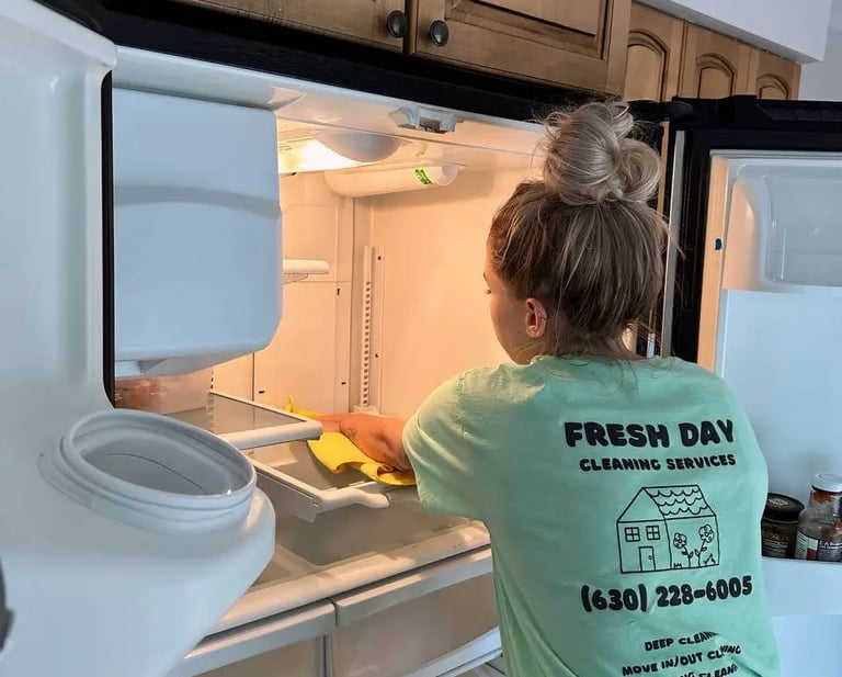A professional cleaner thoroughly cleans inside of fridge
