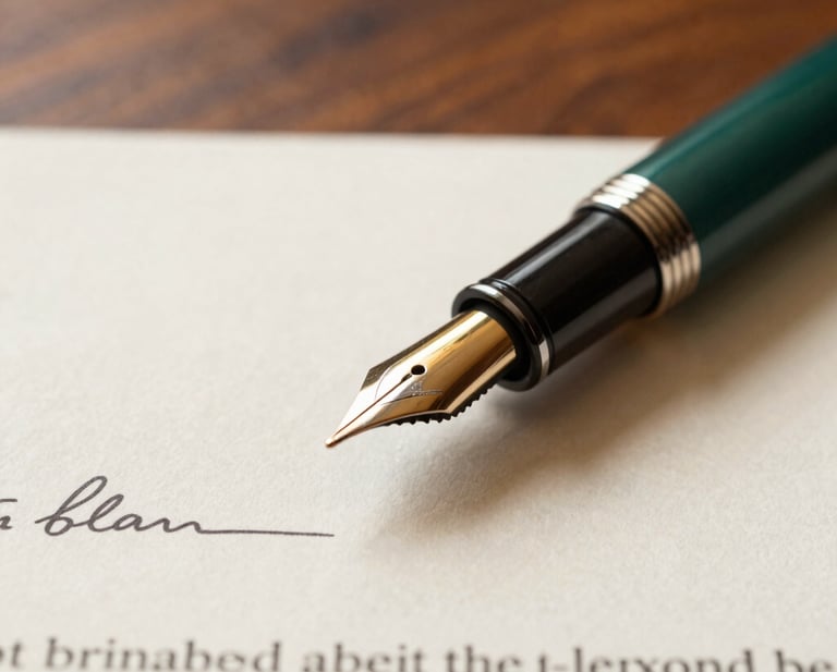 Macro close-up of a fountain pen resting on a signed legal contract, high-quality textured paper, polished dark wood background, soft side daylight, shallow depth of field, premium corporate aesthetic