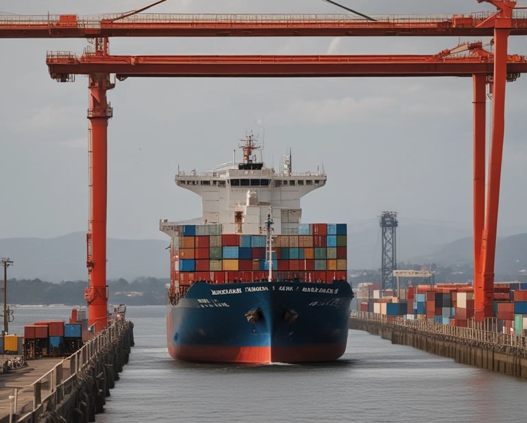 Cargo ship loaded with containers sailing across calm blue ocean.