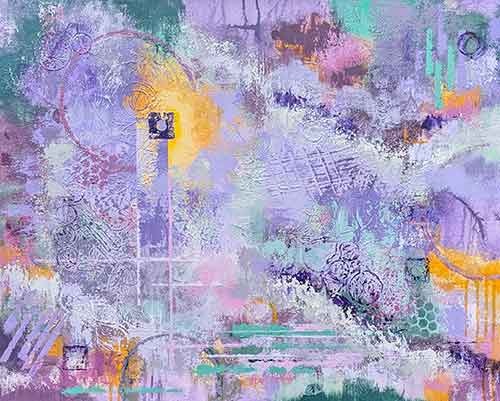 Textured abstract painting in lavenders, pinks, and yellows.
