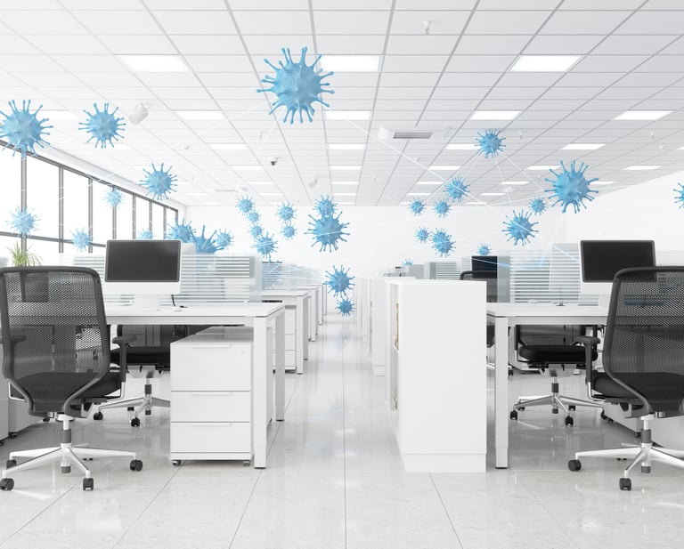 Virus particles floating in an office with desks and chairs.