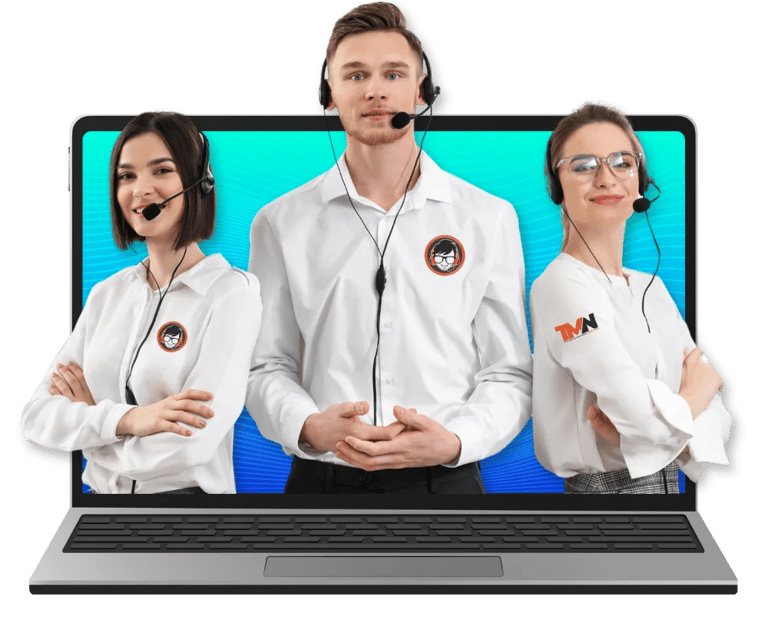 Three TaskManager-Nexus tech support reps in headsets and white shirts, confidently posed against a sleek black background.
