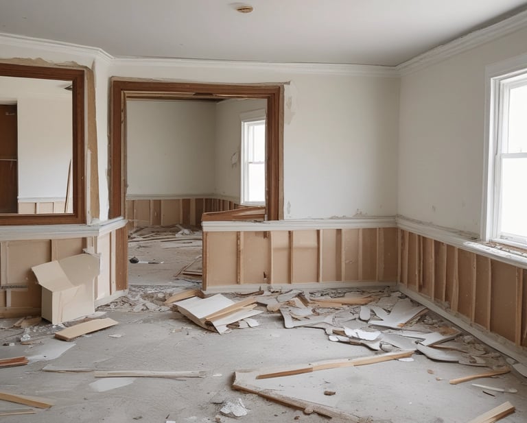 A team carefully dismantling a large wooden shed in a backyard.