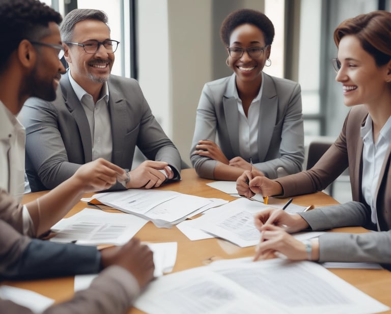 A diverse group of government professionals collaborating around a table with digital devices and AI concept visuals.